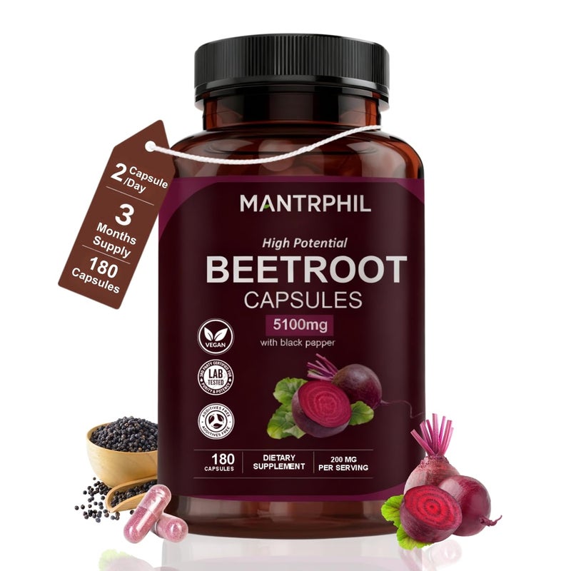 Beetroot Capsules 5100mg â€“ High Potential Beetroot Supplement with Black Pepper â€“ 180 Vegan Capsules â€“ Nitric Oxide, Energy, Heart & Stamina Support